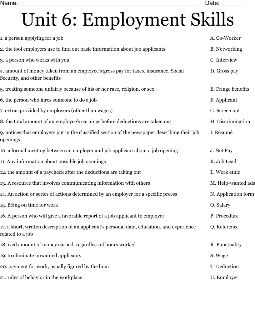 Unit 6 Employment Skills Worksheet WordMint Unit 6 Employment Skills Worksheet WordMint