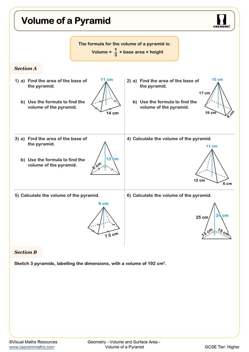 Volume Of A Pyramid Worksheet Fun And Engaging Year 10 And Year 11 Geometry Worksheet