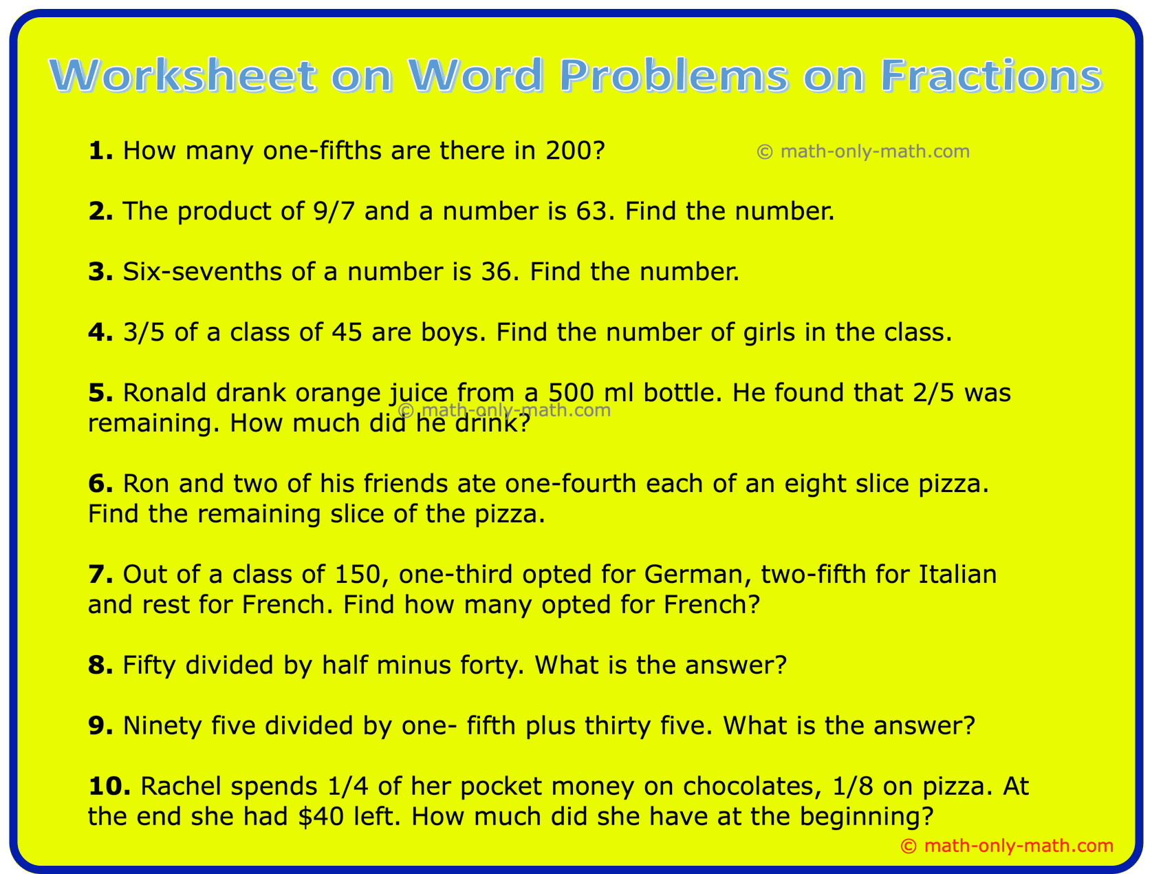 Fraction Word Problems With Like Denominators 4th Grade Worksheet Studocu
